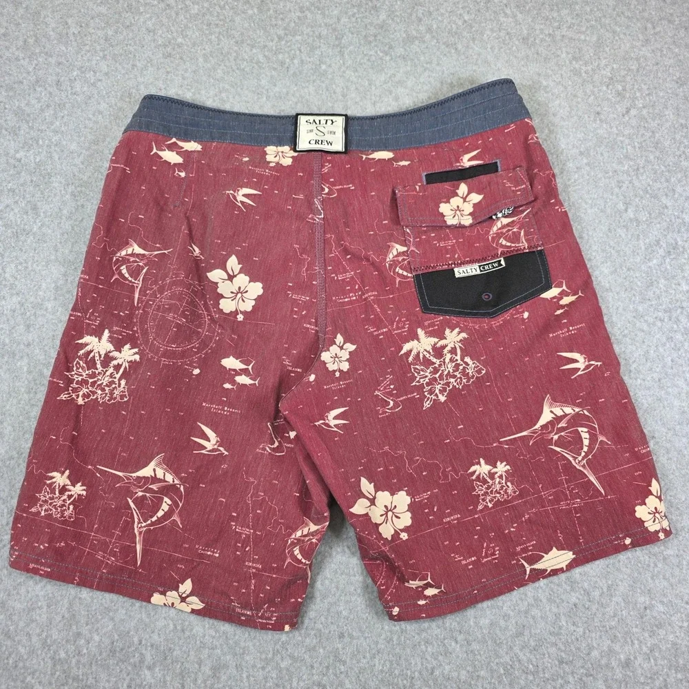 Salty Crew Seaboard Deck Shorts Men's‎ Size 32 Swim Trunks Maroon Floral Map